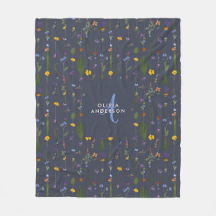 Modern girly floral colourful initial navy blue fleece blanket