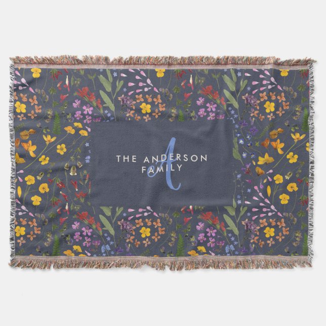 Modern girly floral colourful initial navy blue throw blanket (Front)