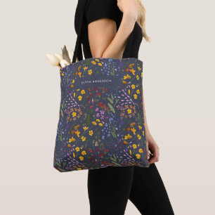 Modern girly floral colourful initial navy blue tote bag