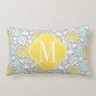 Modern Girly Floral Yellow Grey Personalised Lumbar Cushion