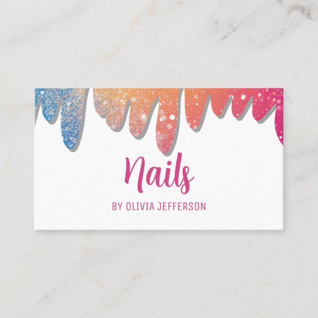 Modern Girly Glitter Drips Nail Salon Artist Business Card (Front)