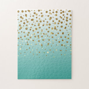 Modern Girly gold glitter confetti Blue Gradient  Jigsaw Puzzle