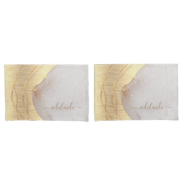 Modern Girly Gold Glitter Script Monogram Name Pillowcase (Front-Set)