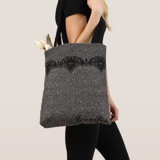 Modern Girly Gray Glitter Black Lace Personalized Tote Bag