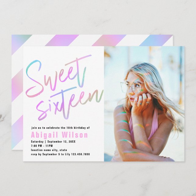 Modern girly holographic sweet sixteen birthday invitation (Front/Back)