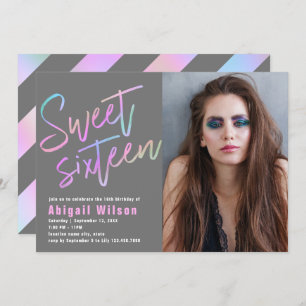 Modern girly holographic sweet sixteen birthday invitation