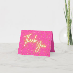 Modern Girly Hot Pink Golden Neon Glow Script Thank You Card