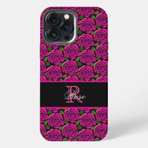 Modern Girly Hot Pink Roses Custom Name Monogram  iPhone 13 Pro Max Case