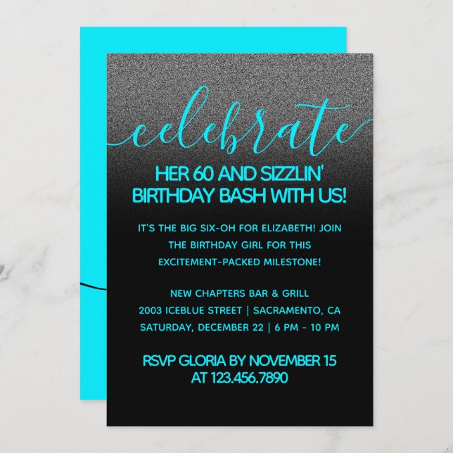 Modern Girly Ice Blue 60 and Sizzlin' Invitation (Front/Back)
