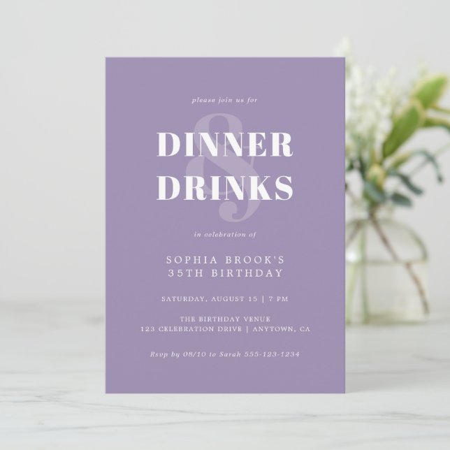 Modern Girly Lilac Bold Typography Birthday Dinner Invitation (Standing Front)