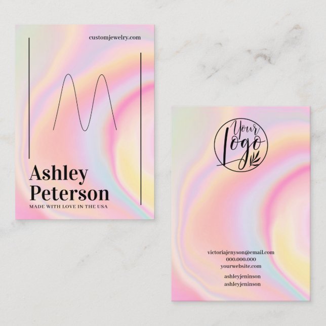 Modern girly marble rainbow script ring display business card (Front/Back)