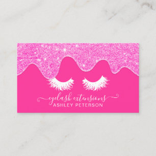 Modern girly neon pink glitter drips eyelashes business card