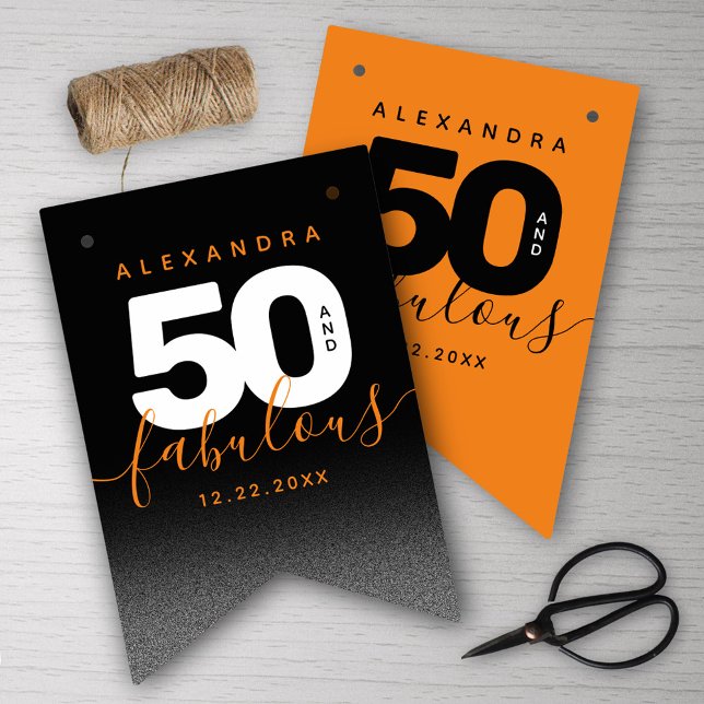 Modern Girly Orange 50 and Fabulous Bunting (Girly Orange 50 and Fabulous Her 50th Birthday Bunting Flags Cover Photo.)