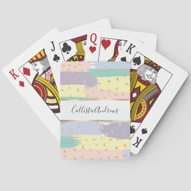 Modern Girly Pastel Brushstrokes Gold Geo Playing Cards (Back)