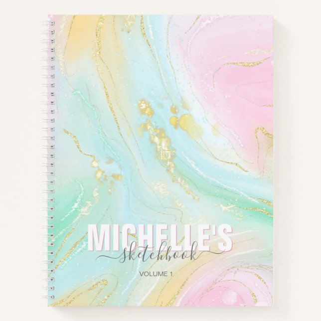 Modern Girly Pastel Unicorn Elegant Sketchbook Notebook (Front)