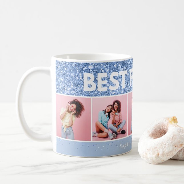 Modern girly photo script blue glitter bestfriends coffee mug (With Donut)