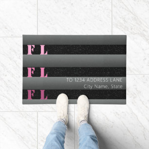 Modern Girly Pink Black Monogram Address Doormat