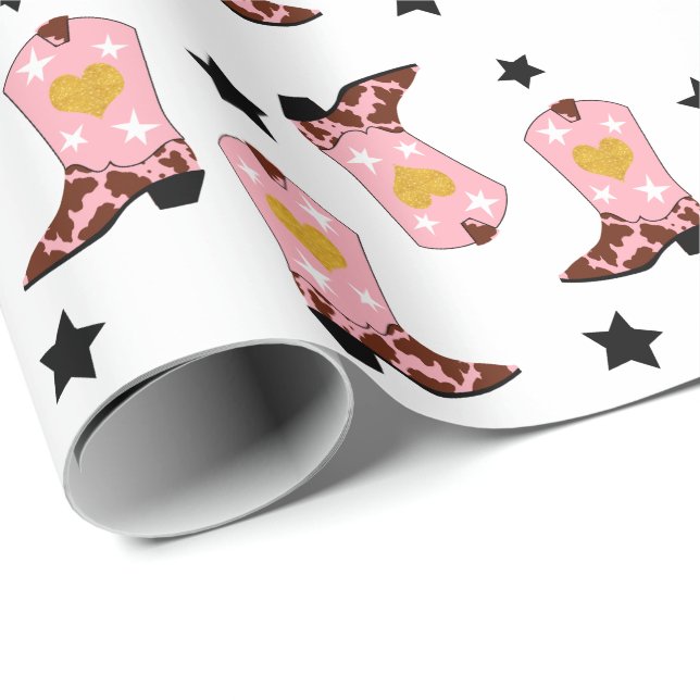 Modern Girly Pink Cowgirl Western Boots Heart Wrapping Paper (Roll Corner)