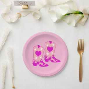 Modern Girly Pink Cowgirl Western Boots Paper Plate