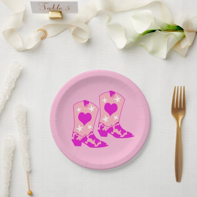 Modern Girly Pink Cowgirl Western Boots  Paper Plate (Wedding)