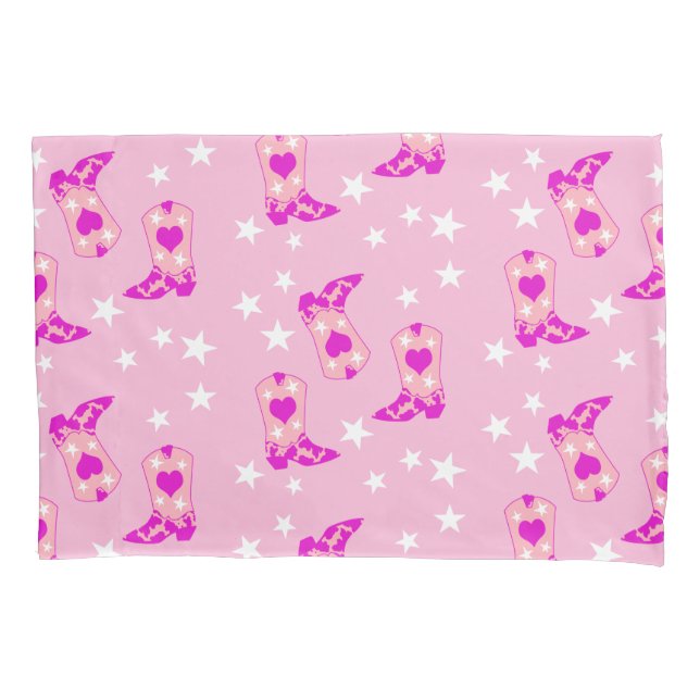 Modern Girly Pink Cowgirl Western Boots Stars Pink Pillowcase (Front)