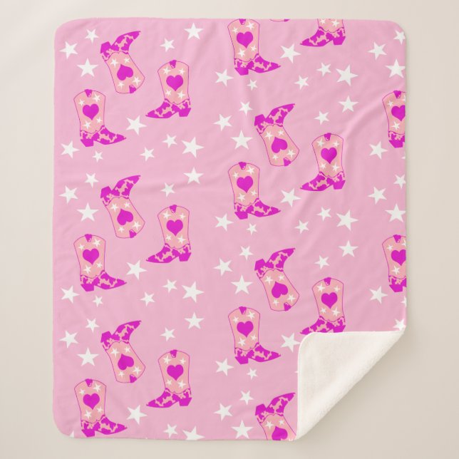 Modern Girly Pink Cowgirl Western Boots Stars Pink Sherpa Blanket (Front)
