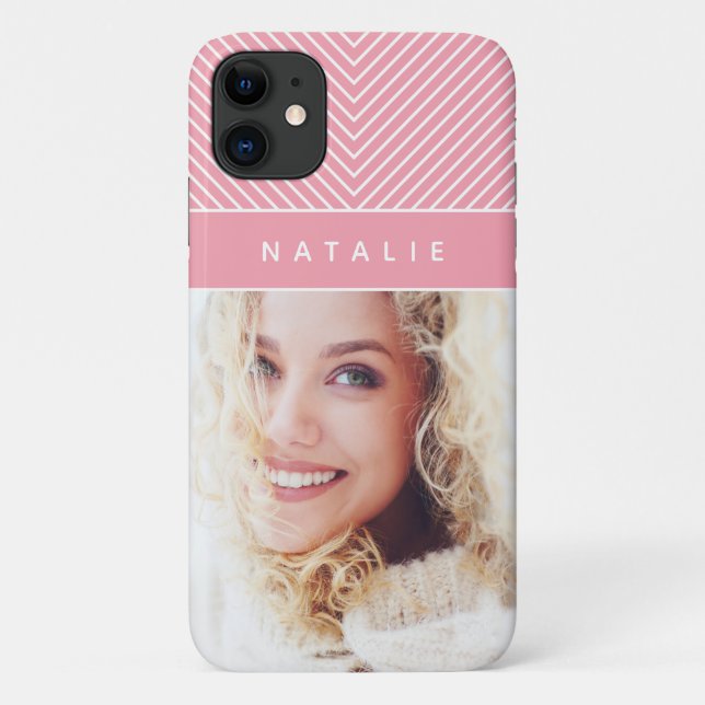 Modern, girly pink geometric stripe personalise Case-Mate iPhone case (Back)