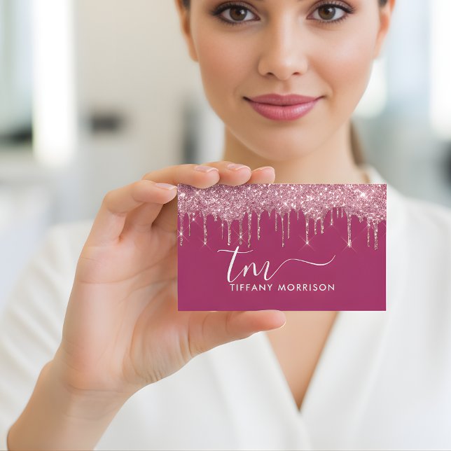 Modern Girly Pink Glitter Drip Monogram Script Business Card (Creator Uploaded)