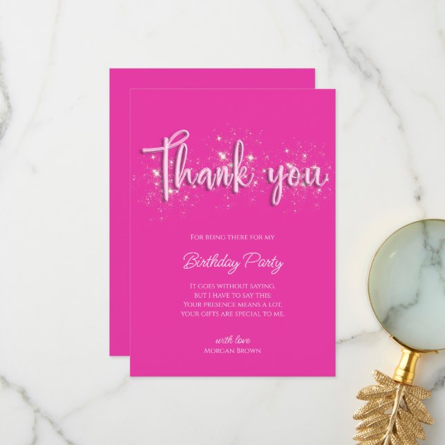 Modern Girly Pink Gold Glitter Birthday Party Thank You Card (Front/Back In Situ)