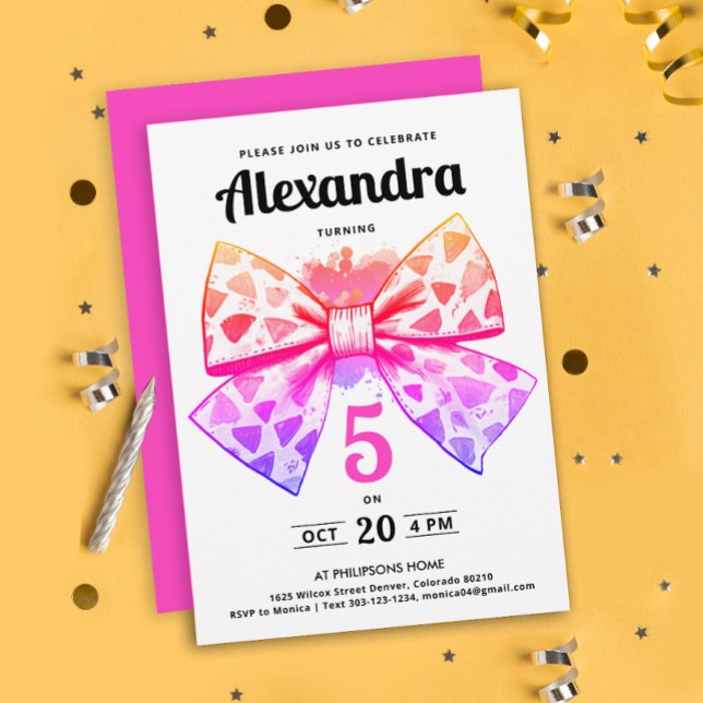 Modern Girly Pink Gradient Bow Watercolor Birthday Invitation (Creator Uploaded)