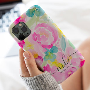 Modern girly pink loose floral watercolor monogram iPhone 15 mini case