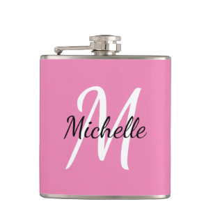 Modern Girly Pink Monogram Name + Initial Hip Flask