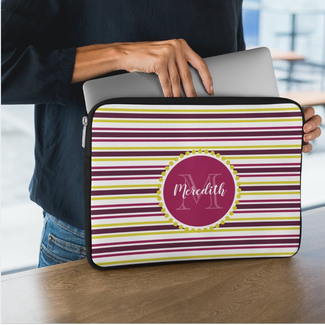 Modern Girly Pink Purple Yellow Stripes Monogram Laptop Sleeve (Creator Uploaded)