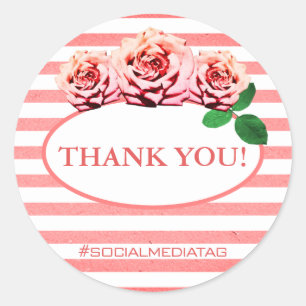 Modern Girly Pink Rose Stripes Roses Thank You Classic Round Sticker