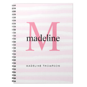 Modern Girly Pink Stripes Monogram Initial name Notebook