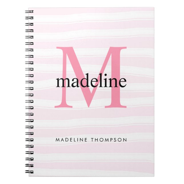 Modern Girly Pink Stripes Monogram Initial name Notebook (Front)