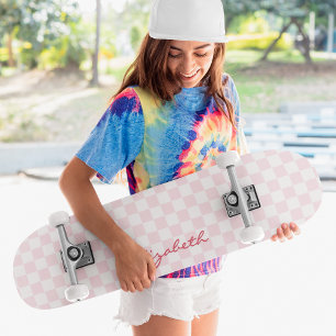 Modern Girly Pink White Chequered Pattern Monogram Skateboard