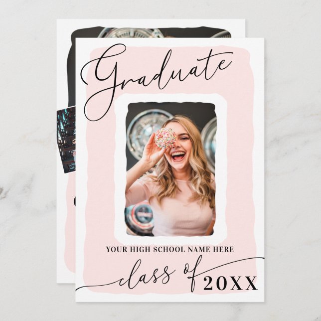 Modern Girly Pink White Frame Photo Graduation Announcement (Front/Back)