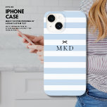 Modern Girly Pretty Blue Stripe Black Bow Monogram Case-Mate iPhone 14 Case<br><div class="desc">Introducing our new iPhone 14 case, designed with a stylish blue and white striped pattern that will surely turn heads. To add a touch of cuteness, we've included a small black bow on the front. And to make it truly personalised, the case can be monogrammed with your initials of choice....</div>