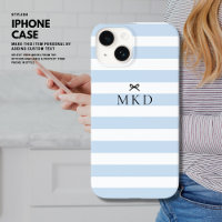 Modern Girly Pretty Blue Stripe Black Bow Monogram