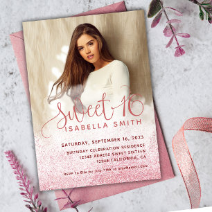 Modern girly rose gold glitter chic photo sweet 16 invitation