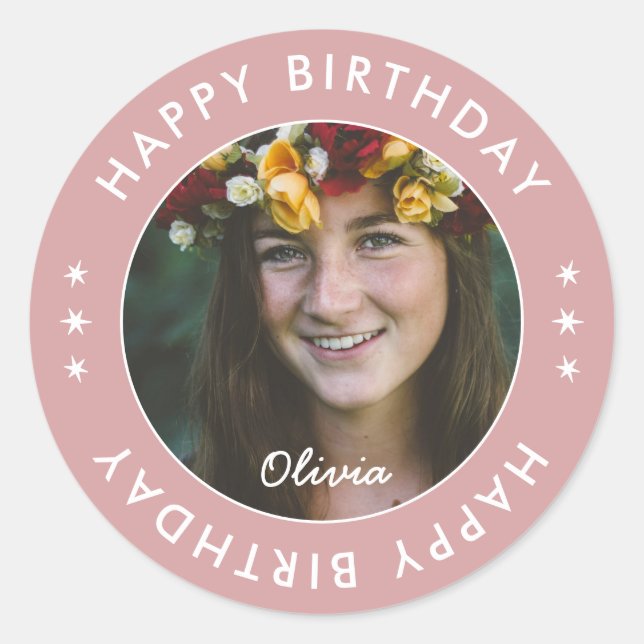 Modern Girly Script Elegant Pink Birthday Photo Classic Round Sticker (Front)