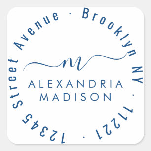 Modern Girly Script Monogram Address Navy Blue Square Sticker