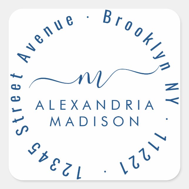 Modern Girly Script Monogram Address Navy Blue Square Sticker (Front)