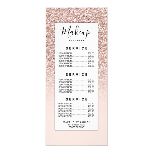 Modern girly sequins rose gold glitter ombre blush rack card (Front)
