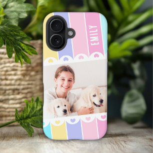 Modern Girly Stripe Heart Photo Personalised Name iPhone 16 Case