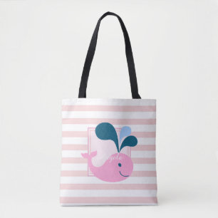 Modern Girly Striped, Cartoon Whale -Personalised Tote Bag