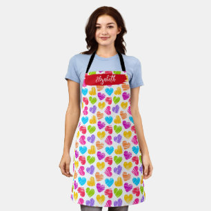 Modern Girly Vibrant Doodled Hearts Pattern Name Apron
