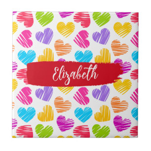 Modern Girly Vibrant Doodled Hearts Pattern Name Ceramic Tile
