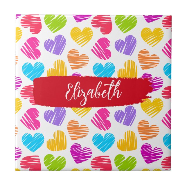 Modern Girly Vibrant Doodled Hearts Pattern Name Ceramic Tile (Front)